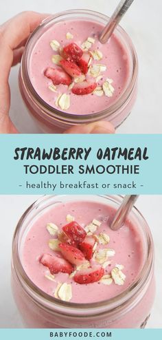 strawberry oatmeal toddler smoothie in a jar with strawberries and almonds