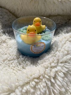 two rubber ducks in a bowl on a fluffy blanket