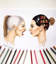 two women facing each other with colored pencils in front of them