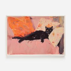 a painting of a black cat laying on top of a pink couch next to pillows