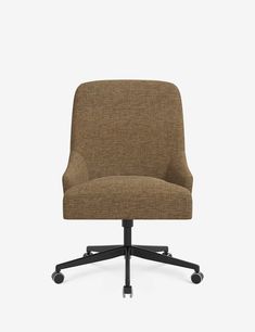 an office chair with wheels and a brown upholstered fabric on the back, viewed from the front