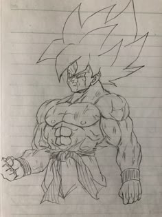 a drawing of gohan from the dragon ball game, drawn in pencil on lined paper