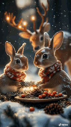 two rabbits sitting on top of a plate covered in snow next to christmas decorations and lights