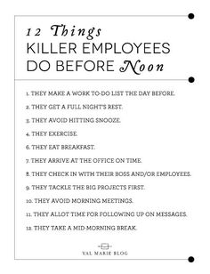 a list with the words 12 things killer employees do before noon