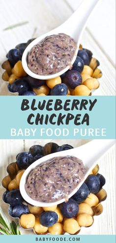 blueberry chickpea baby food puree in spoons