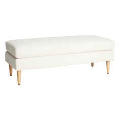 a white bench with wooden legs on a white background