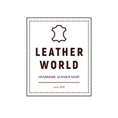 the leather world handmade leather shop logo is shown in black and white on a white background