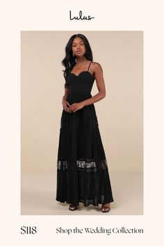 The compliments will never end once you make your entrance in the Lulus Stunning RSVP Black Pleated Lace Sleeveless Bustier Maxi Dress! Airy woven chiffon shapes this memorable dress that falls from adjustable spaghetti straps into a sweetheart neckline and a bustier-style bodice with supportive boning. High, fitted waist tops an accordion-pleated, A-line skirt that boasts ruffled, sheer lace panels as it falls to an elegant maxi hem. Hidden back zipper/clasp. Fit: This garment fits true to size. Length: Floor length. Bust: Great for any cup size. Waist: Fitted - very fitted at natural waist. Hip: Not Fitted - fuller skirt allows room for hips. Undergarments: Padded cups - May be worn with an adhesive bra, petals, or no bra. Fabric: Fabric has no stretch. Lined to the knee. Shell: 100% Pol Pleated Bustier, Black Tie Wedding Guests, Adhesive Bra, Black Tie Wedding, Lace Panelled, Cup Size, Corset Dress, Sheer Lace, Guest Dresses