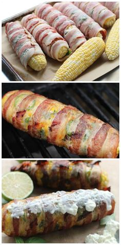 corn on the cob and bacon wrapped hot dogs are being cooked in an outdoor grill