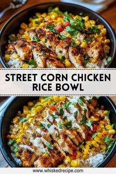 two pictures of chicken rice bowl with corn and cilantro on the side in a black bowl