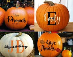 four pumpkins with the names of different families painted on them, and one has an initial