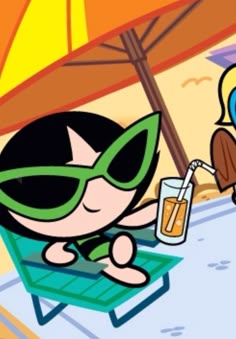 a cartoon character sitting in a lawn chair next to an umbrella with a drink on it