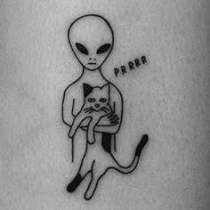 an alien holding a cat with the word papar on it's back leg