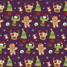 seamless christmas pattern with reindeers, trees and snowflakes on purple background