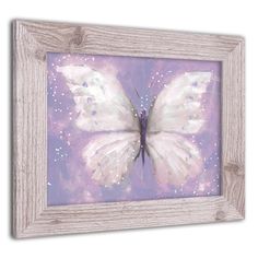 a painting of a white butterfly on a purple and lavender background with stars in the sky