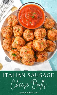 italian sausage cheese balls on a plate with sauce