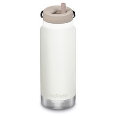 a white water bottle with a brown lid