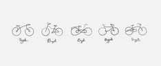 six different types of bicycles are shown in black and white on a light gray background