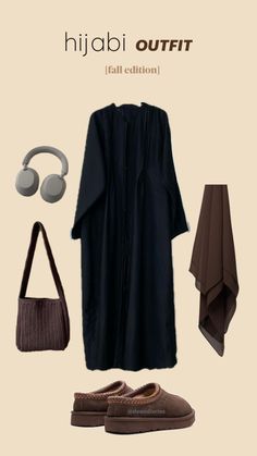 modest black abaya dress brown hijab brown tote bag Ugg shoes Sonny headphones hijab fashion inspiration Fashion Brown Aesthetic, Abaya Hijab Outfit, Hijabi Style Outfits, Hijabi Aesthetic Outfits, Modest Abaya, Modest Outfits Muslim, Abaya Outfit