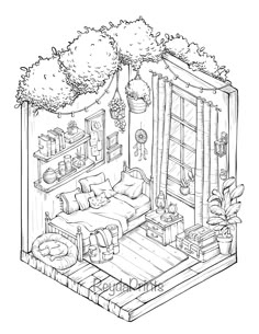 a black and white drawing of a living room with couches, coffee table, bookshelf and potted plants