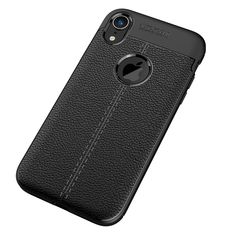 an iphone case with a black leather look and stitching on the back cover,