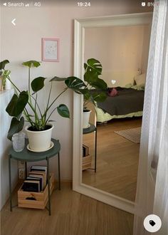 a room with a mirror, table and potted plant on the floor in front of it