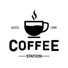 the coffee station logo is designed in black and white, with a cup of coffee on top