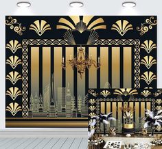 an art deco wallpaper with black and gold decor in a living room or dining room