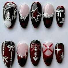 Yor Forger Inspired Nails, Vkei Nails, Retro Nails, Pretty Gel Nails