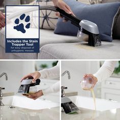 a person is using a steam mop to clean a couch with the help of a dog's paw