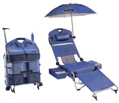 a blue lawn chair with an umbrella attached to it and a small ottoman underneath it