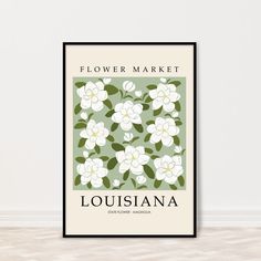 a white flower market poster hanging on a wall