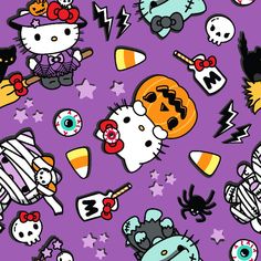 hello kitty halloween wallpaper with skulls, cats and other items on purple background in full color