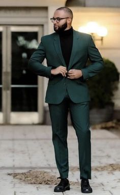 Green Blazer Outfit For Men, Men Green Suit Outfit, Deep Green Suits For Men, Dark Green Formal Outfit Men, Green Semi Formal Outfit Men, Green Suit With Turtleneck Men, Emerald Green Men Outfit, Dark Green Suits For Men