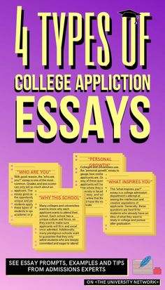 the four types of college application essays are shown in yellow and purple, with black text