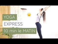 a woman doing yoga exercises in front of a wall with the words yoga express written on it