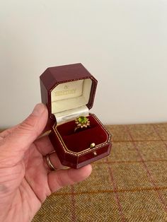 a person holding an open ring box in their hand