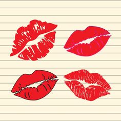 four different types of lipstick drawn on lined paper with pencils in the shape of lips