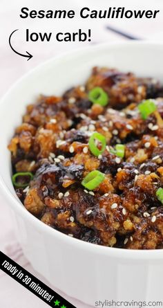 sesame cauliflower low carb in a white bowl