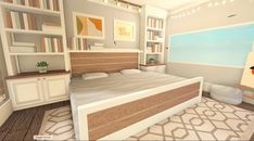 an artist's rendering of a bedroom with bookshelves and a large bed