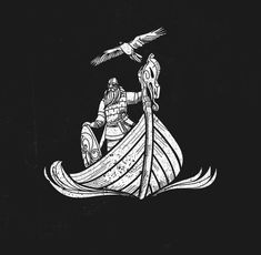 a black and white drawing of a man in a boat with a bird on his shoulder