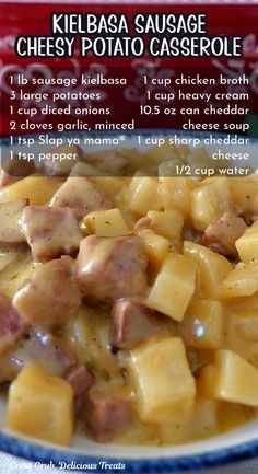 this is a recipe for kielbasa sausage and cheese potato casserole on a plate