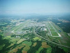 an aerial view of the tarmac and runway