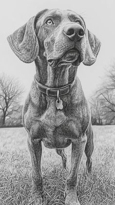 a black and white drawing of a dog standing in the grass with trees behind it