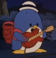 a cartoon penguin playing a guitar in the dark