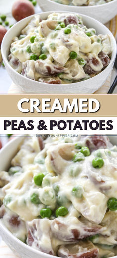 this creamy potato salad is loaded with peas and potatoes it's ready to be eaten