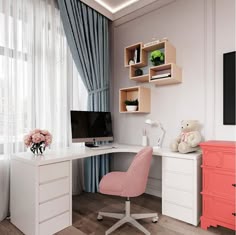 a white desk and chair in a room