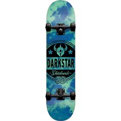 a skateboard with the words darkstar on it in blue and green tie dye