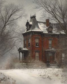 an old red brick house with snow on the ground and trees in the foreground