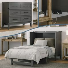 three different pictures of a bed, dresser and mirror